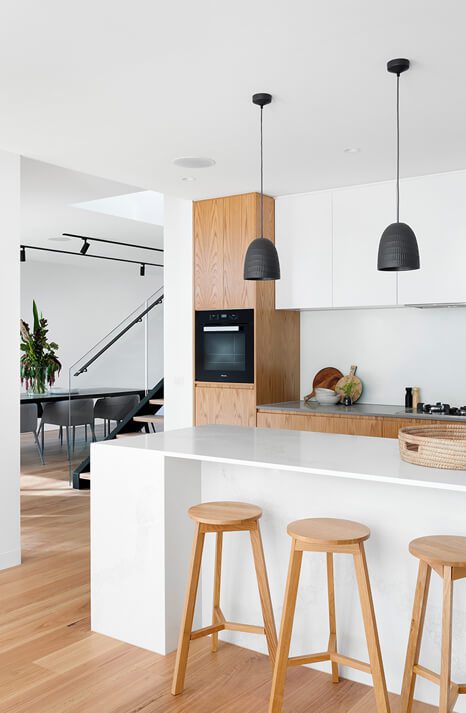 Modern white kitchen with bar and stools
