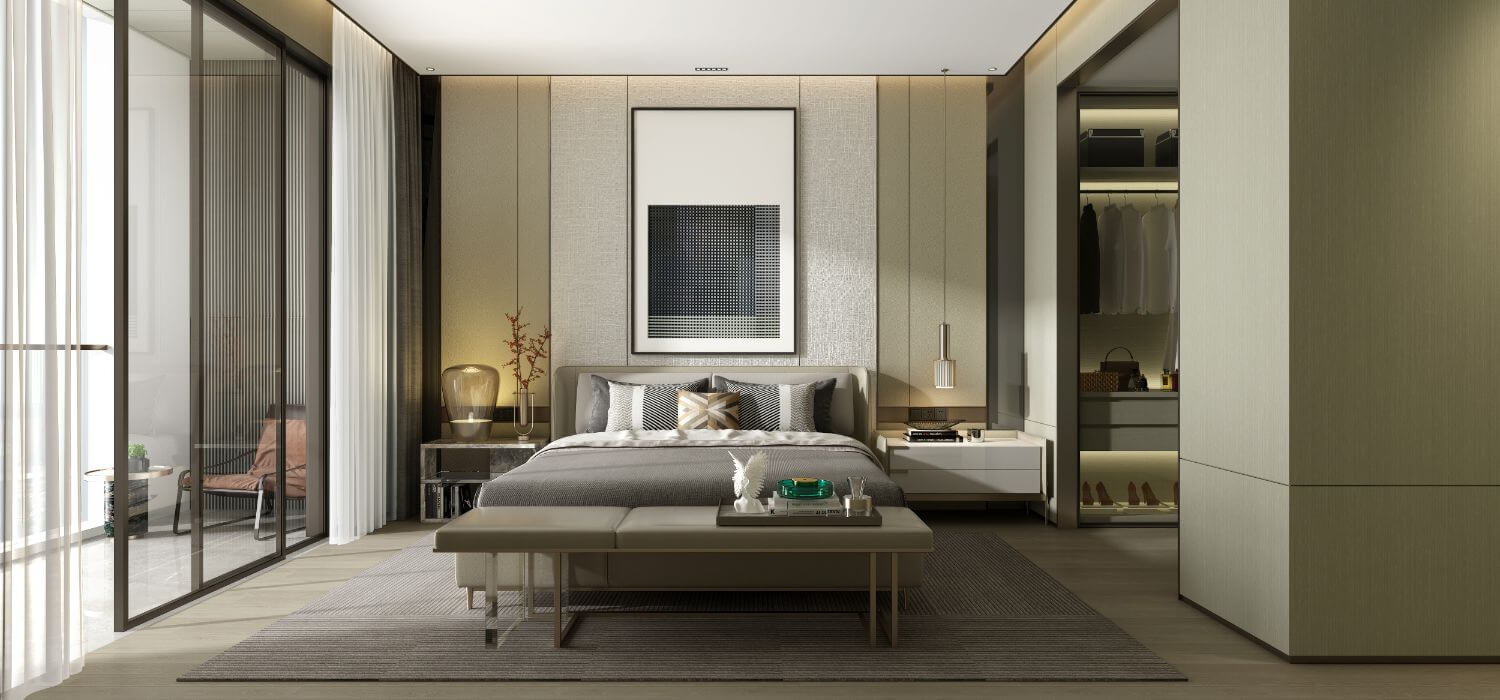 Modern master bedroom with double bed